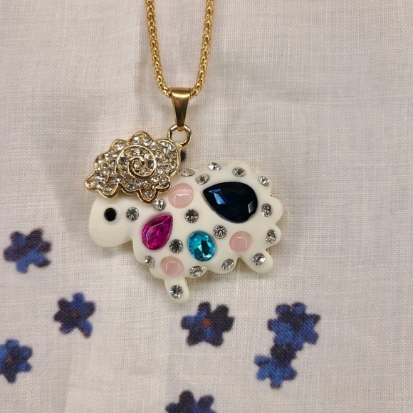 NWT DRESS IN ART Linen Women Sheep Lavender Dress Necklace Boho Eclectic Farm - Picture 5 of 12